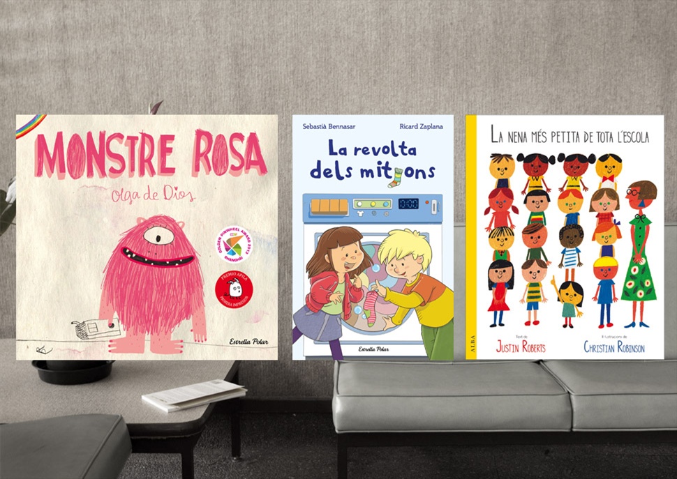 Llibres: Monstre Rosa, La revolta dels mitjons i La nena més petita de tota l'escola